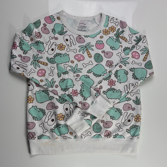 Pusheen Cat L Kawaii Anime Sweatshirt white aqua Skull Bones - Picture 2 of 4